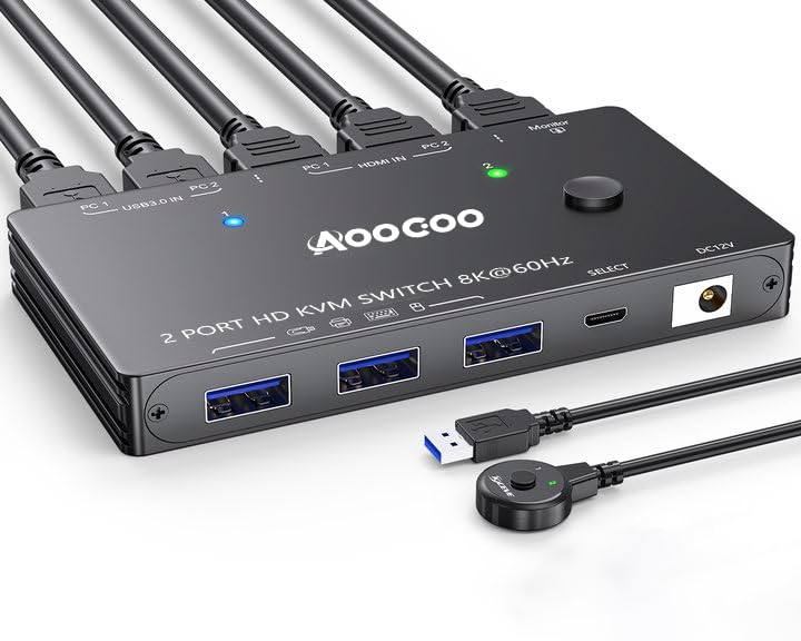 AOOCOO مفتاح KVM HDMI 8K@60Hz لشاشة واحدة و2 كمبيوترات 4K@144Hz مع منفذ USB 3.0، جهاز تحكم سلكي، محول طاقة وكابلات USB3.0 مشمولة (10 سم 2 كمبيوتر 1 شاشة 8K KVM) - Image 1
